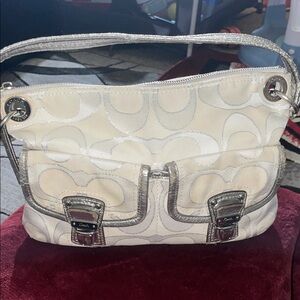 Coach Poppy Signature Sateen Hippie Shoulder Bag with Silver Accents 12”W x 9”H